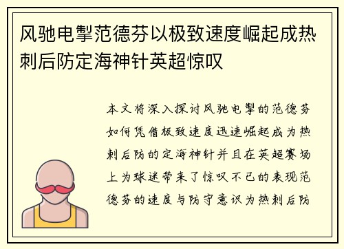 风驰电掣范德芬以极致速度崛起成热刺后防定海神针英超惊叹 风驰电掣范德芬以极致速度崛起成热刺后防定海神针英超惊叹