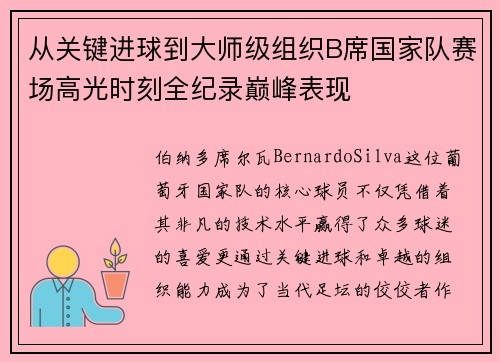 从关键进球到大师级组织B席国家队赛场高光时刻全纪录巅峰表现 从关键进球到大师级组织B席国家队赛场高光时刻全纪录巅峰表现
